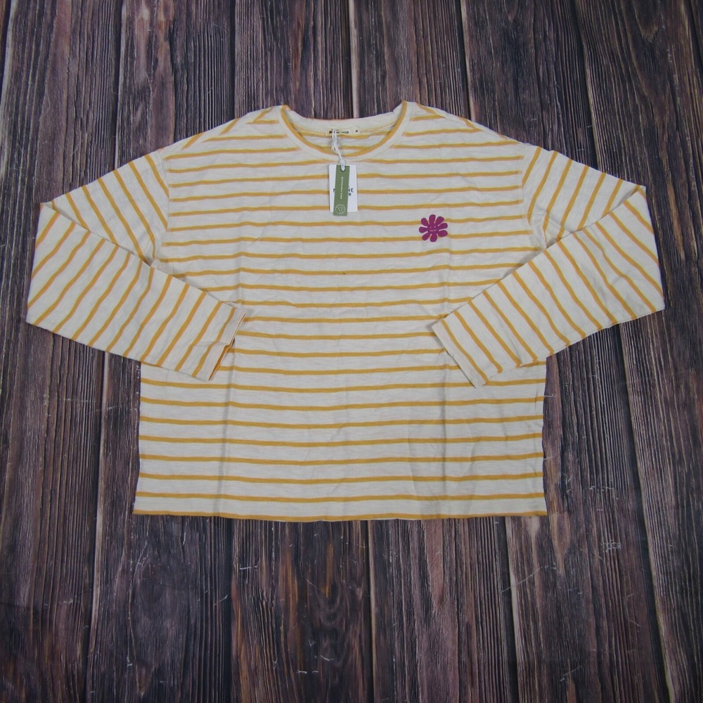 Marine Layer NEW NWT Womens Medium White Yellow‎ Striped Phoebe Oversized LS Tee
